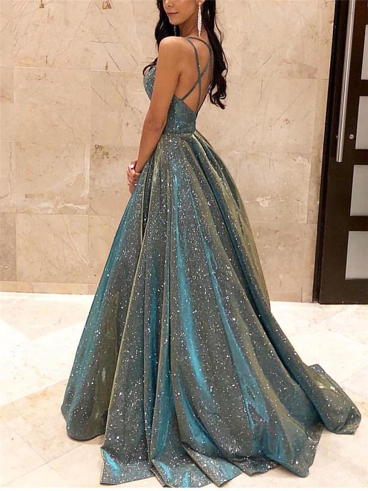 Heidi-Mode | Damen Spaghettiträger V-Ausschnitt A-Linie Glitzer Maxikleid