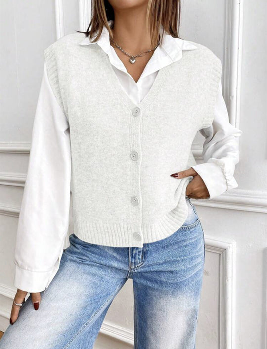 Damen Strickweste mit V-Ausschnitt und modischen Knöpfen Heidi-Mode