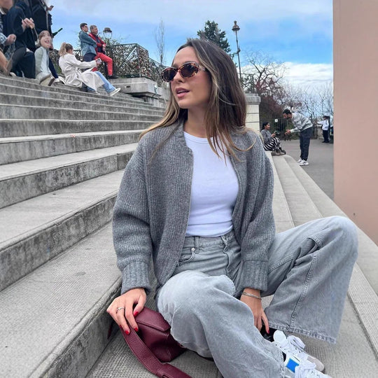 Damen modische Strickjacke mit hohem Kragen und Reißverschluss Heidi-Mode