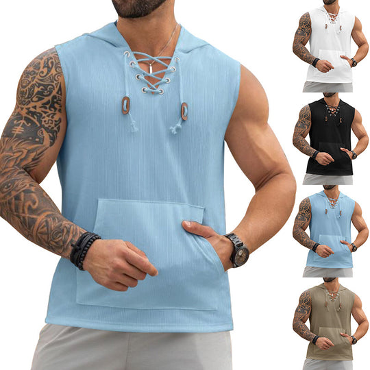 Herren Ärmelloses Sport-Tanktop mit Kapuze und Schnürung Heidi-Mode