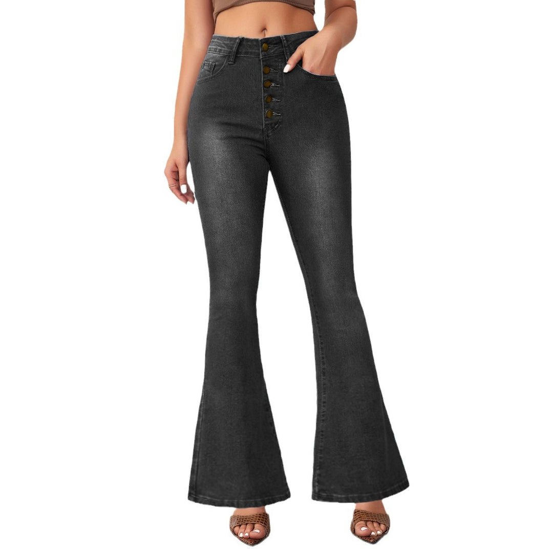 Damen Flared Jeans mit Knopfverschluss und hohem Bund Heidi-Mode