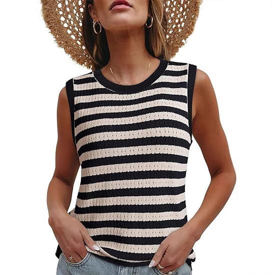 Damen ärmelloses Streifenoberteil mit strukturiertem Strickmuster Heidi-Mode