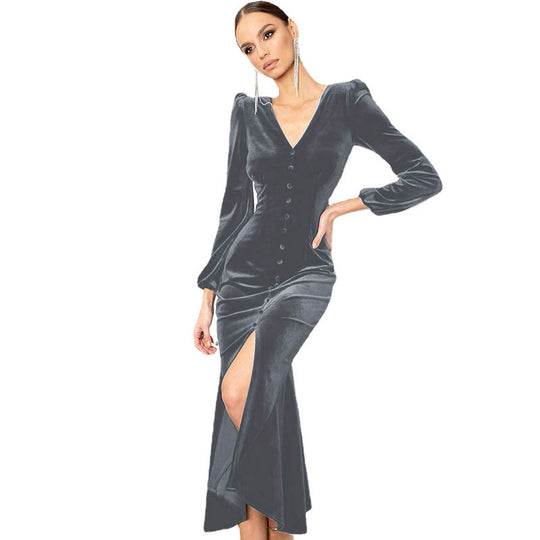 Damen Elegantes Samtkleid mit V-Ausschnitt und Puffärmeln Heidi-Mode