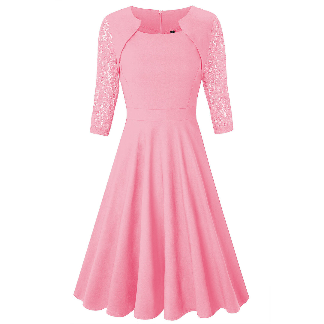Damen Midi-Kleid mit Spitzenärmeln und schwingendem Rock Heidi-Mode
