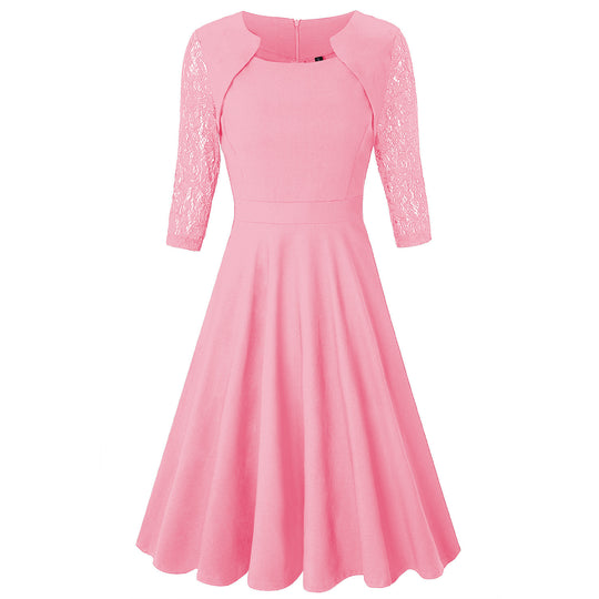 Damen Midi-Kleid mit Spitzenärmeln und schwingendem Rock Heidi-Mode