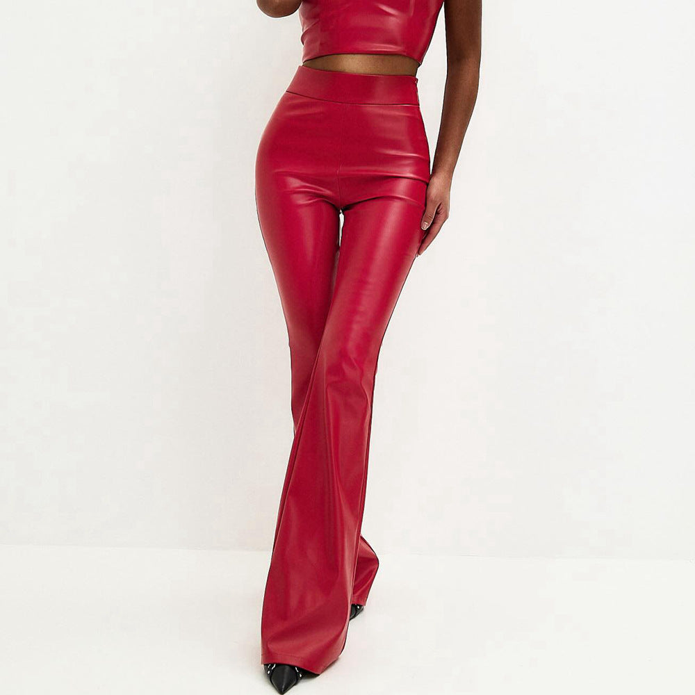 Damen Hochwertige Kunstleder-Flared-Hose mit elastischem Bund Heidi-Mode