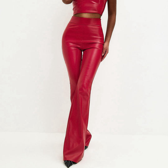 Damen Hochwertige Kunstleder-Flared-Hose mit elastischem Bund Heidi-Mode