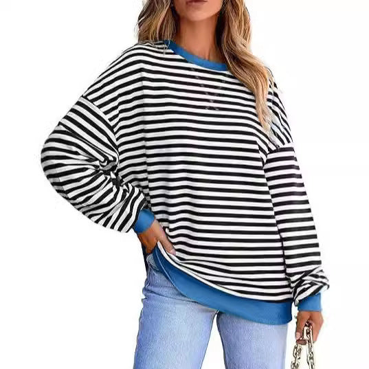 Damen lässiger gestreifter Sweatshirt mit Oversize-Schnitt und bequemen Details Heidi-Mode
