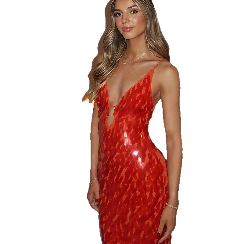 Damen Elegantes Maxikleid mit tiefem Ausschnitt und glänzenden Pailletten Heidi-Mode