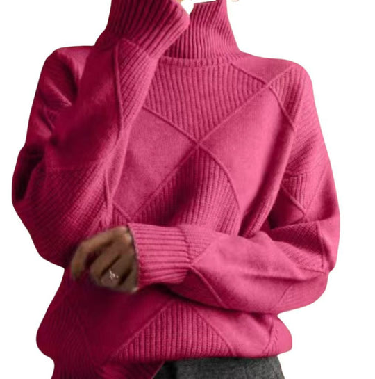Damen hochwertiger Strickpullover mit stehendem Kragen und extravagantem Rautenmuster Heidi-Mode