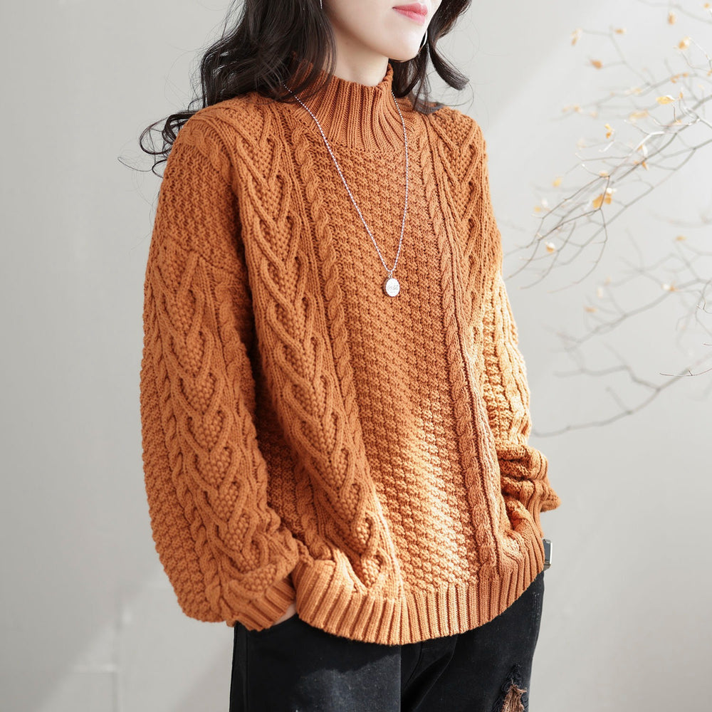 Damen Grobstrickpullover mit hohem Kragen und Zopfmuster Heidi-Mode