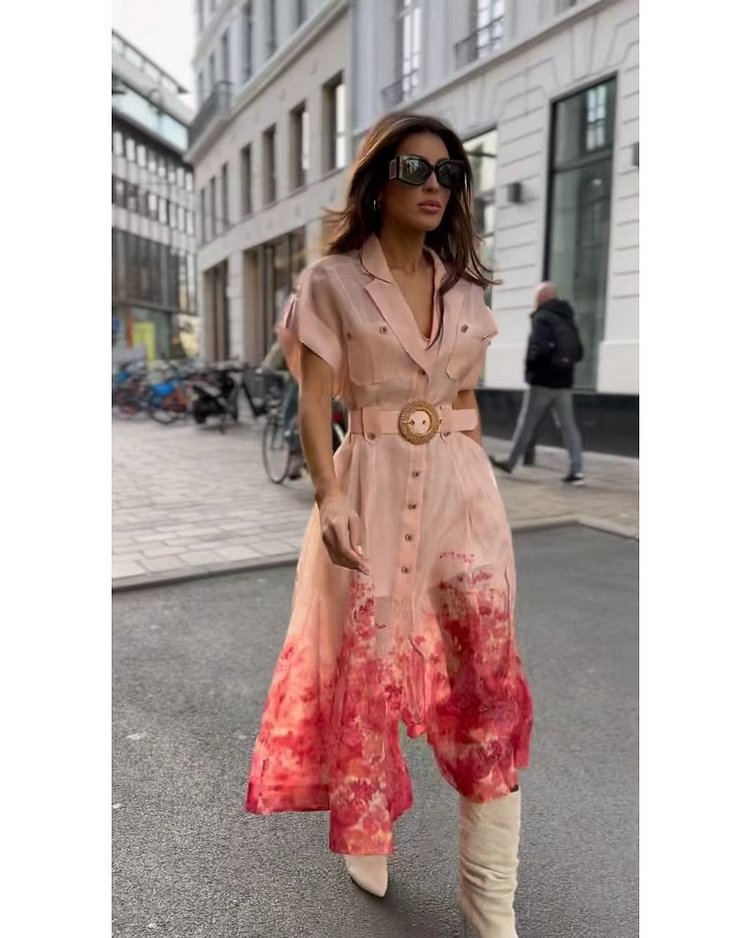 Heidi-Mode | Französisches Pink Shirtkragen Bedrucktes Strandkleid