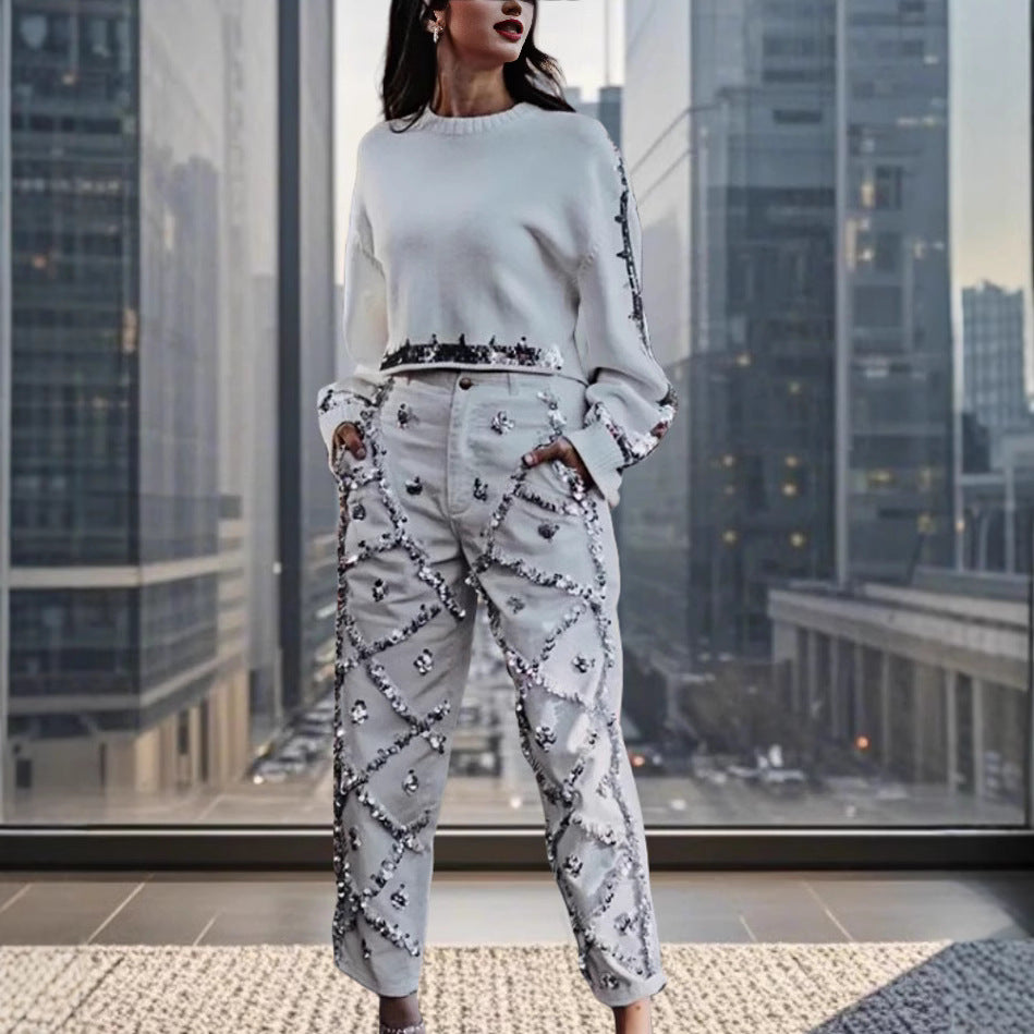 Damen modischer cropped Pullover mit Pailletten Heidi-Mode