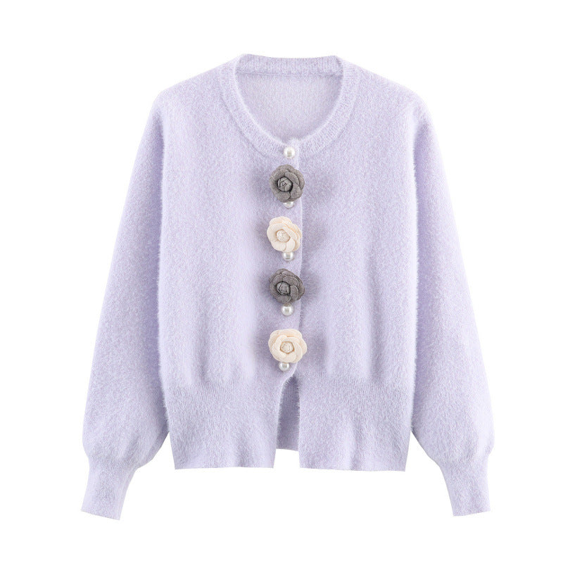 Damen stylische Strickjacke mit einzigartigen Blumenapplikationen Heidi-Mode