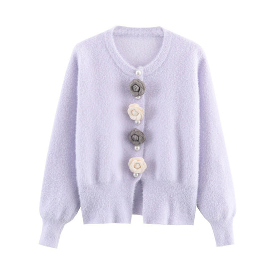 Damen stylische Strickjacke mit einzigartigen Blumenapplikationen Heidi-Mode