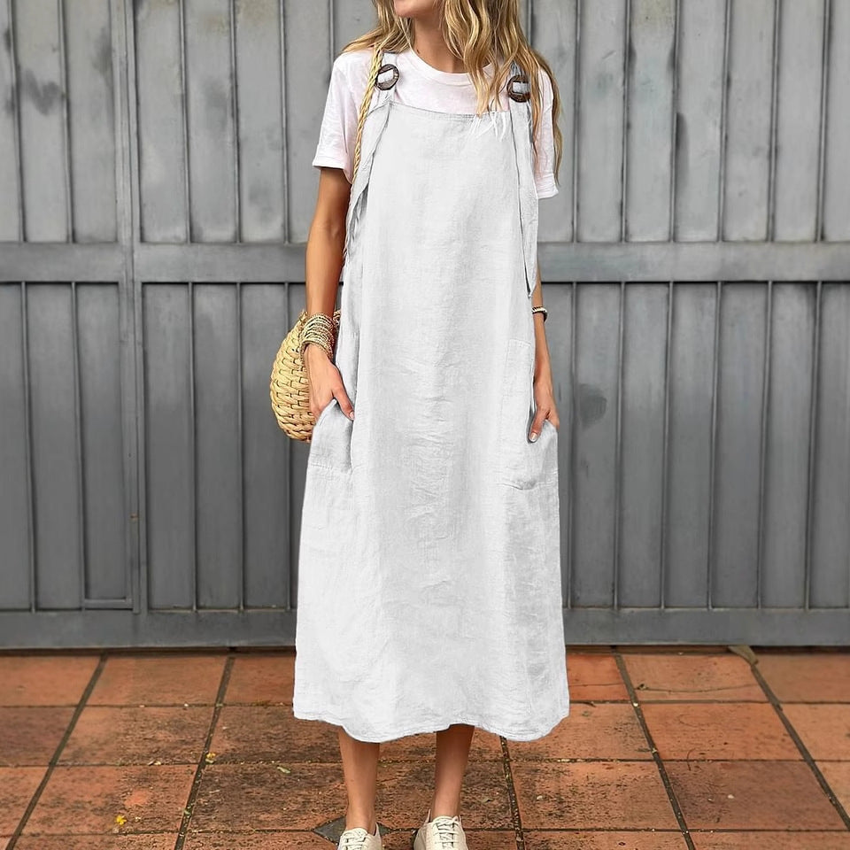 Damen Lässiges Leinen-Latzkleid mit praktischen Seitentaschen und verstellbaren Trägern Heidi-Mode
