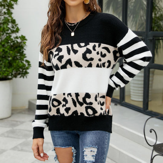Damen modischer Pullover mit auffälligem Leopardenmuster und gestreiften Ärmeln Heidi-Mode