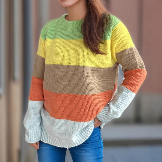 Damen lässiger Strickpullover mit bunten Blockstreifen und weitem Schnitt Heidi-Mode