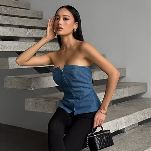 Damen ärmelloser Denim-Top mit Reißverschluss Heidi-Mode