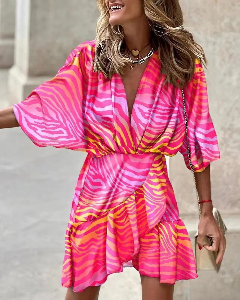Damen Lässiges Wickelkleid mit voluminösen Ärmeln und modischem Tierdruck Heidi-Mode