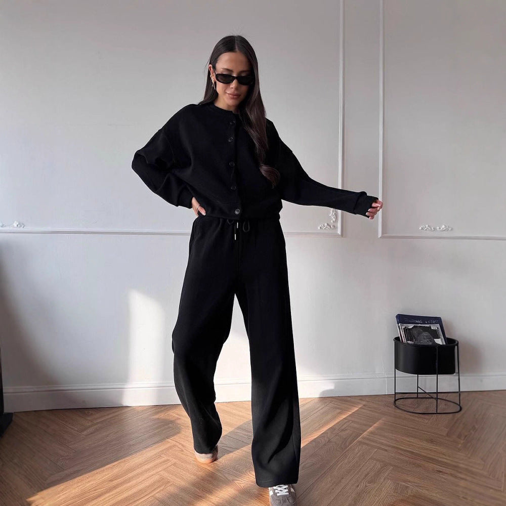 Damen lässiger Sweat-Pullover mit Knopfleiste und bequemen Jogginghose Heidi-Mode