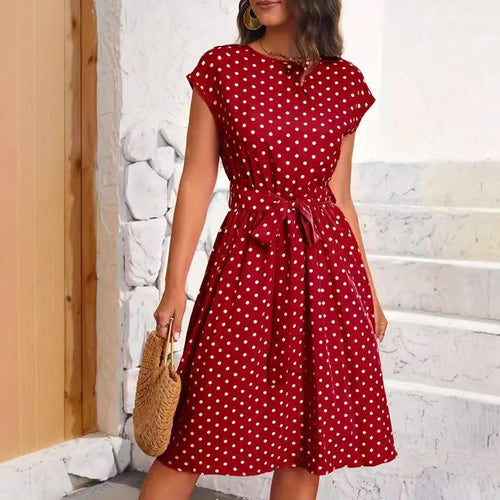 Damen Midikleid mit taillierendem Bindegürtel und verspieltem Polka-Dots Design Heidi-Mode