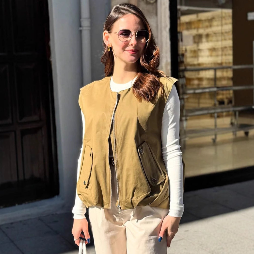 Damen lässige ärmellose Weste mit Reißverschluss und praktischen Taschen Heidi-Mode