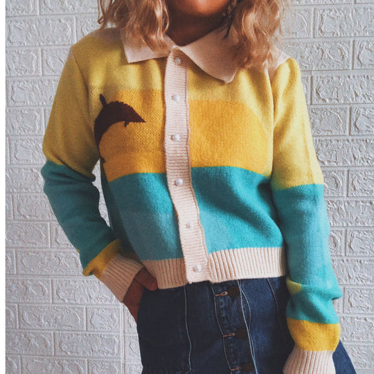 Damen Strickjacke mit verspieltem Motiv und modernem Farbverlauf Heidi-Mode