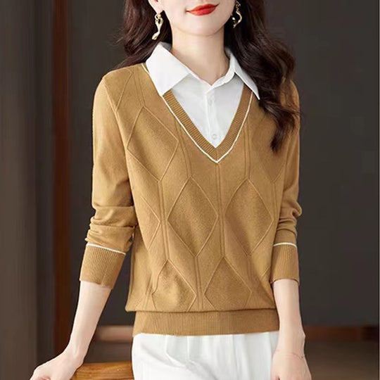 Damen gestrickter Pullover mit v-ausschnitt und strukturiertem Diamantmuster Heidi-Mode