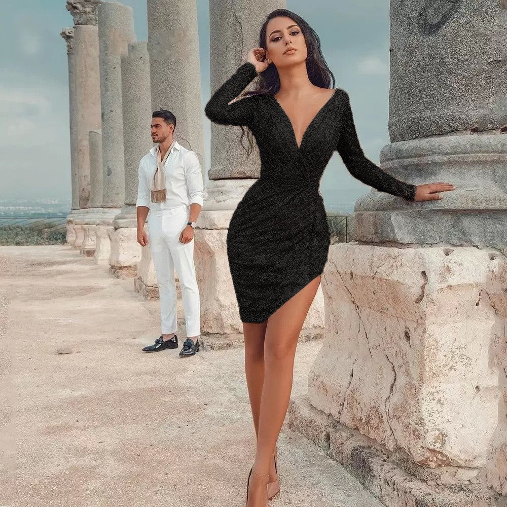 Damen Figurbetontes Glitzerkleid mit tiefem V-Ausschnitt und asymmetrischem Saum Heidi-Mode