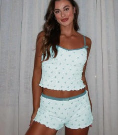 Damen Schlafanzug Set mit eleganten Spitzendetails und verspieltem Muster Heidi-Mode