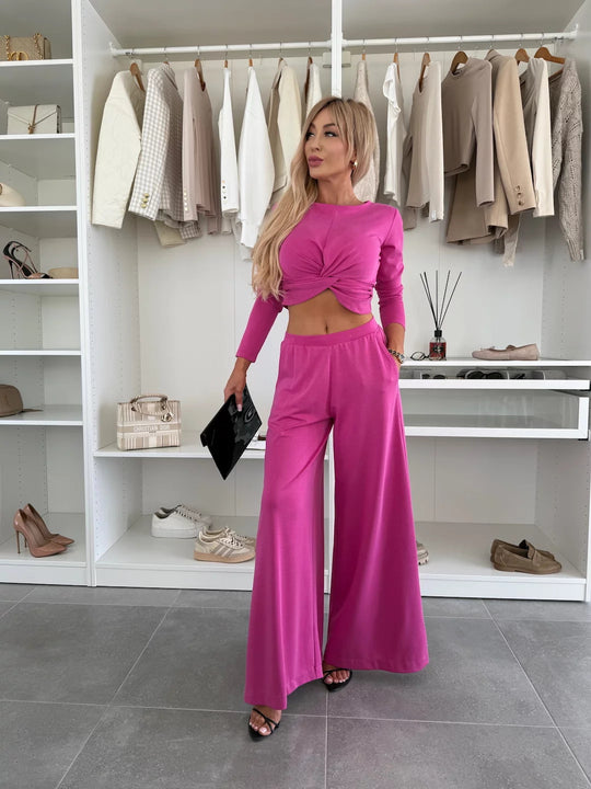 Damen Zweiteiliges Set mit elegantem Knoten-Oberteil und weitem Hose Heidi-Mode