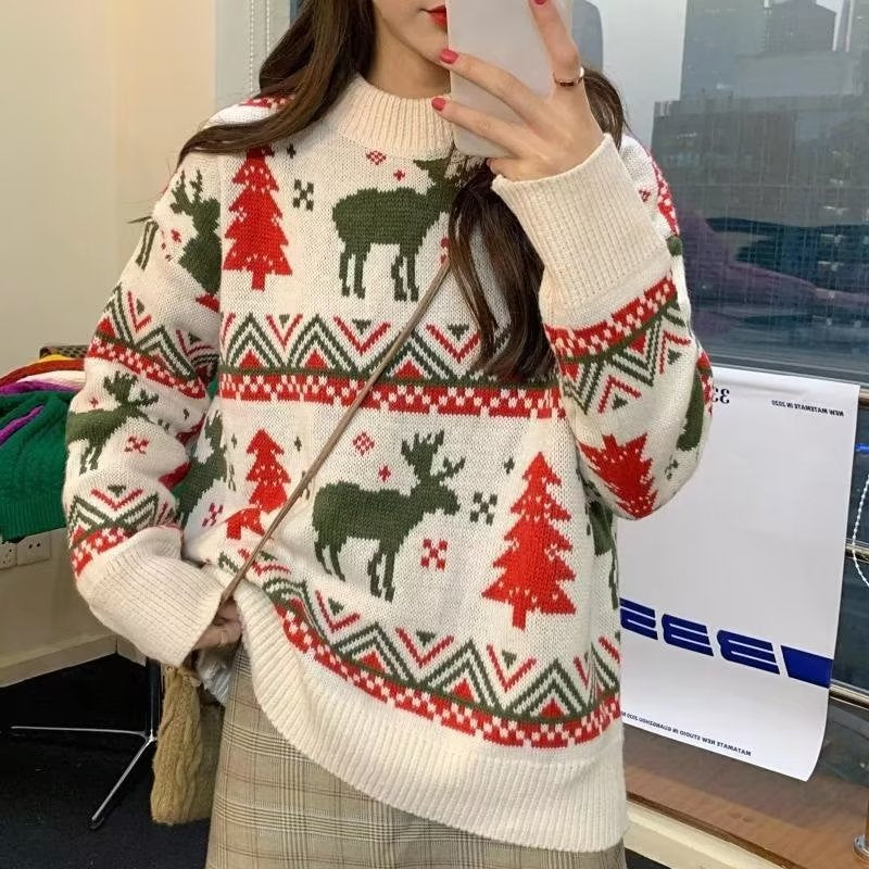 Damen Grobstrickpullover mit festlichem Rentier-Motiv und Rundhalsausschnitt Heidi-Mode