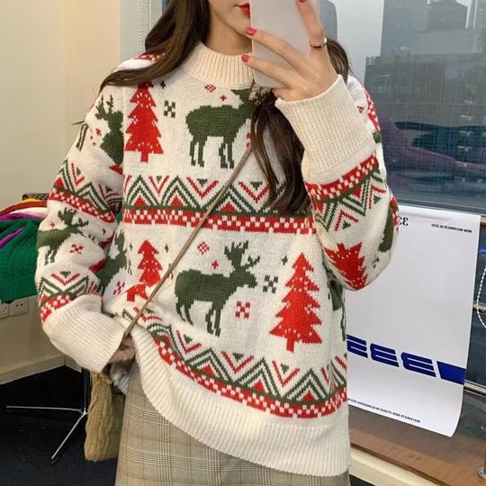 Damen Grobstrickpullover mit festlichem Rentier-Motiv und Rundhalsausschnitt Heidi-Mode