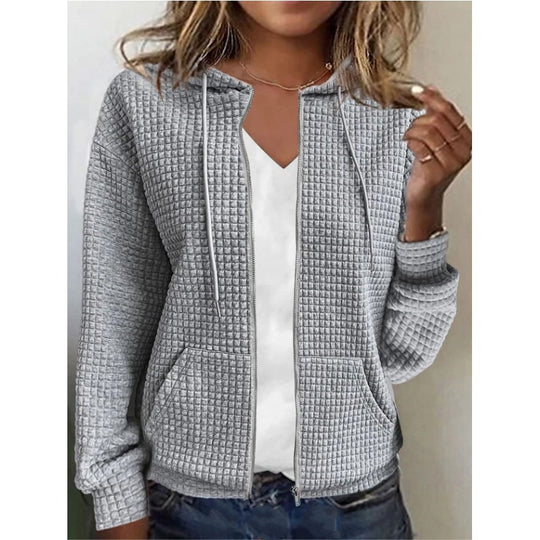 Damen Waffelstruktur Kapuzenjacke mit durchgehendem Reißverschluss und praktischen Taschen Heidi-Mode
