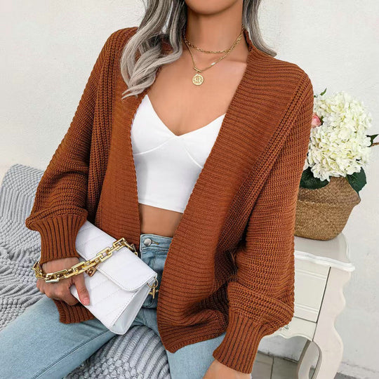 Damen Grobstrick Cardigan mit weit geschnittenen Ärmeln und offenem V-Ausschnitt Heidi-Mode