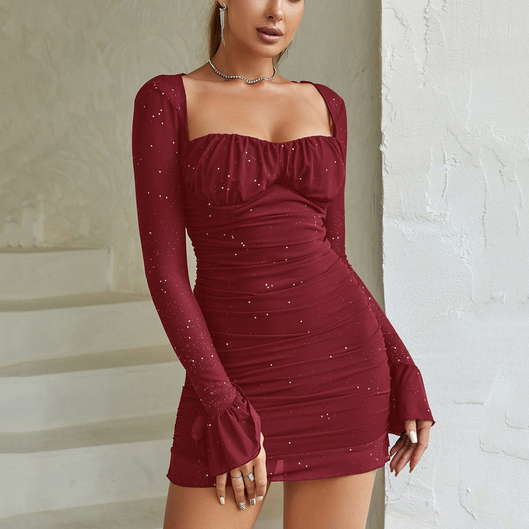 Heidi-Mode | Mesh Langarmkleid Sexy Transparent Stahlring Vergoldet Quadratischer Kragen Rückenfreies Kleid