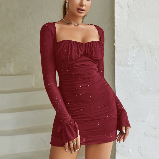 Heidi-Mode | Mesh Langarmkleid Sexy Transparent Stahlring Vergoldet Quadratischer Kragen Rückenfreies Kleid