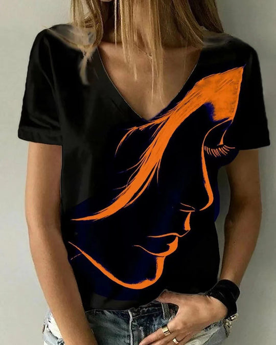 Damen V-Ausschnitt T-Shirt mit kreativem Grafikdruck Heidi-Mode