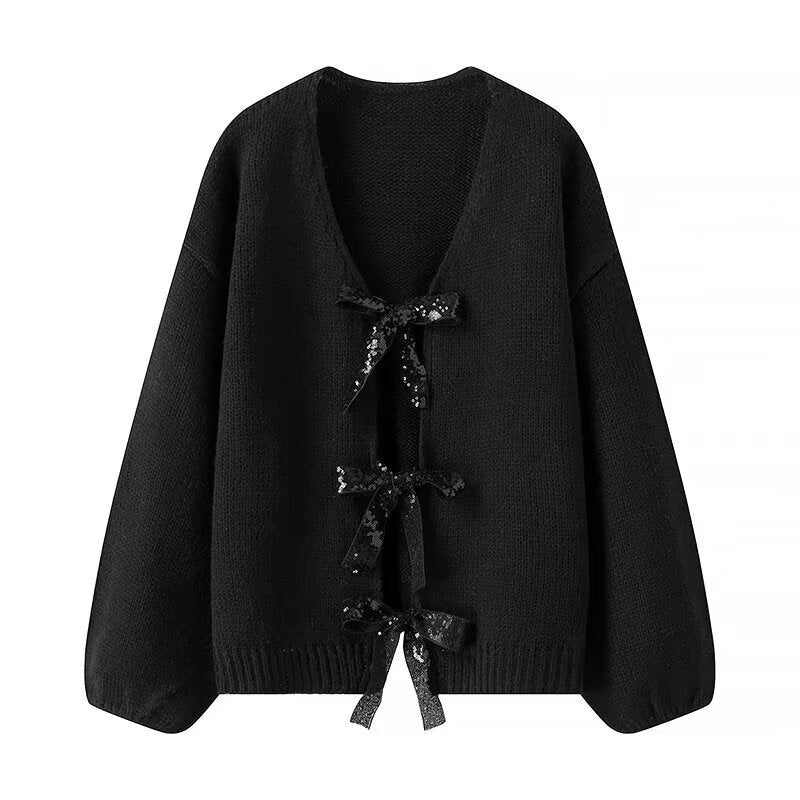 Damen luftige Strickjacke mit Schimmerndem Bindegürtel Heidi-Mode