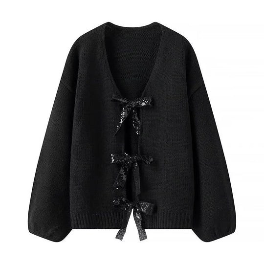 Damen luftige Strickjacke mit Schimmerndem Bindegürtel Heidi-Mode