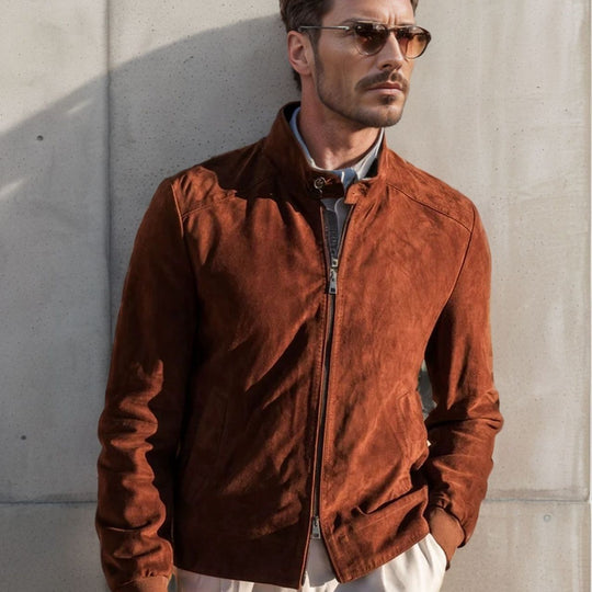 Herren elegante Wildlederjacke mit Stehkragen und seitlichen Eingrifftaschen Heidi-Mode