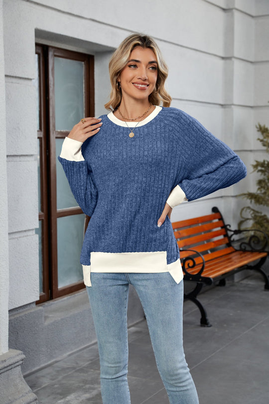 Damen lässiger Pullover mit kontrastierenden Ärmelabschlüssen und einzigartiger Textur Heidi-Mode