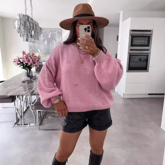 Damen lässiger Strickpullover mit herzförmigen Mustern und angeschnittenen Ärmeln Heidi-Mode