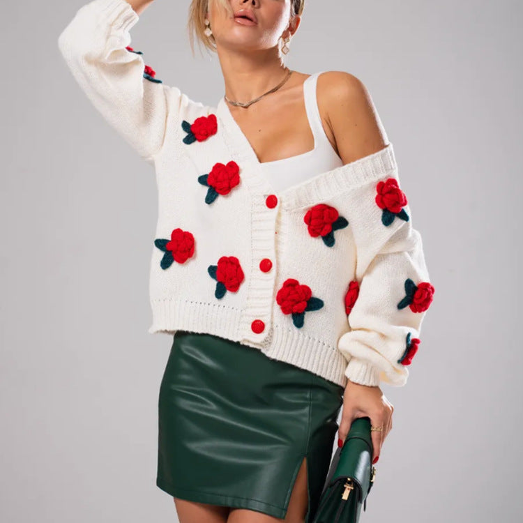 Damen Kuscheliger Strickcardigan mit floralen Applikationen und oversized Schnitt Heidi-Mode