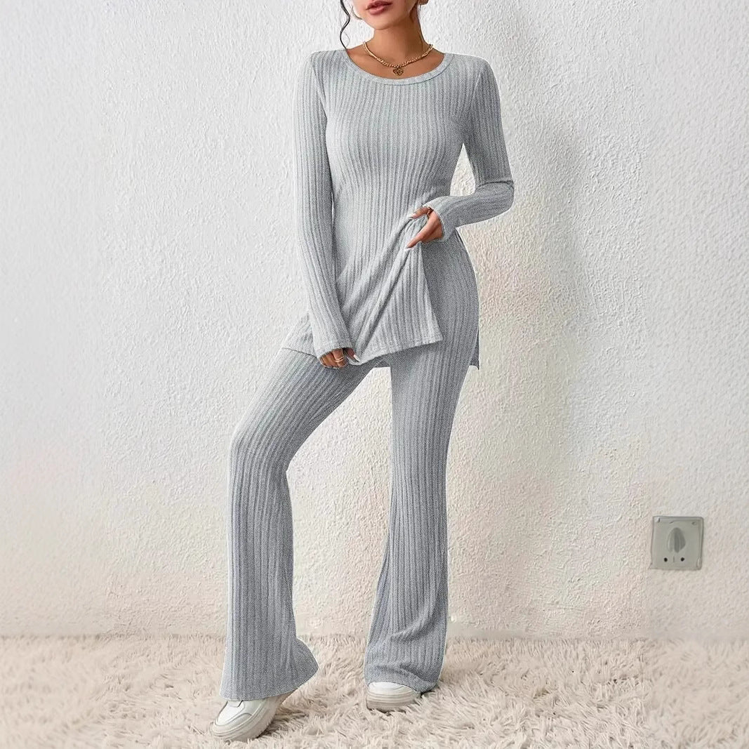 Damen Fein geripptes Lounge-Set mit langen Ärmeln und ausgestellten Beinen Heidi-Mode
