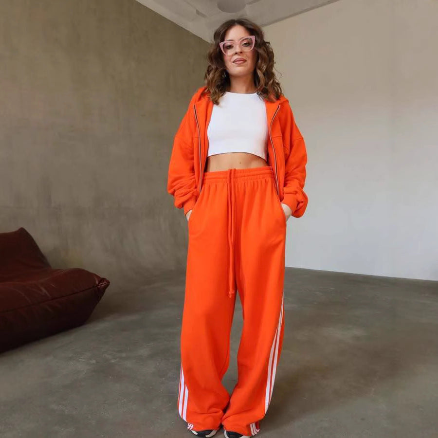 Damen Trendiges Sport-Lounge-Set mit cropped Sweatjacke und weit geschnittenen Jogginghosen Heidi-Mode
