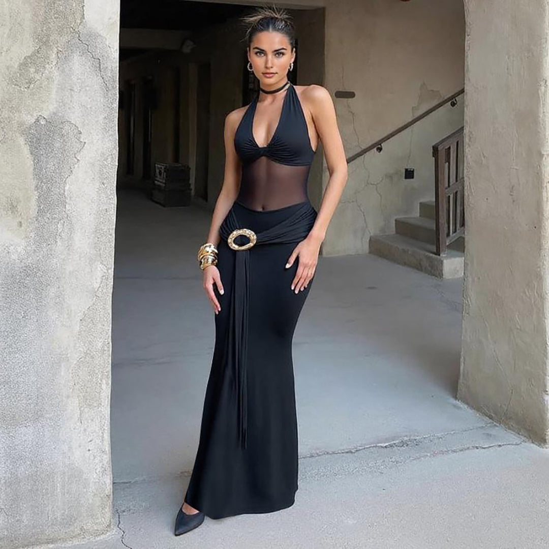 Damen Maxi-Überwurfkleid mit transparentem Material und eleganter Gürtelschnalle Heidi-Mode