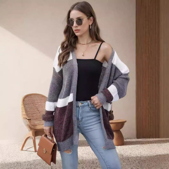Damen lockere Strickjacke mit modischem Streifenmuster Heidi-Mode