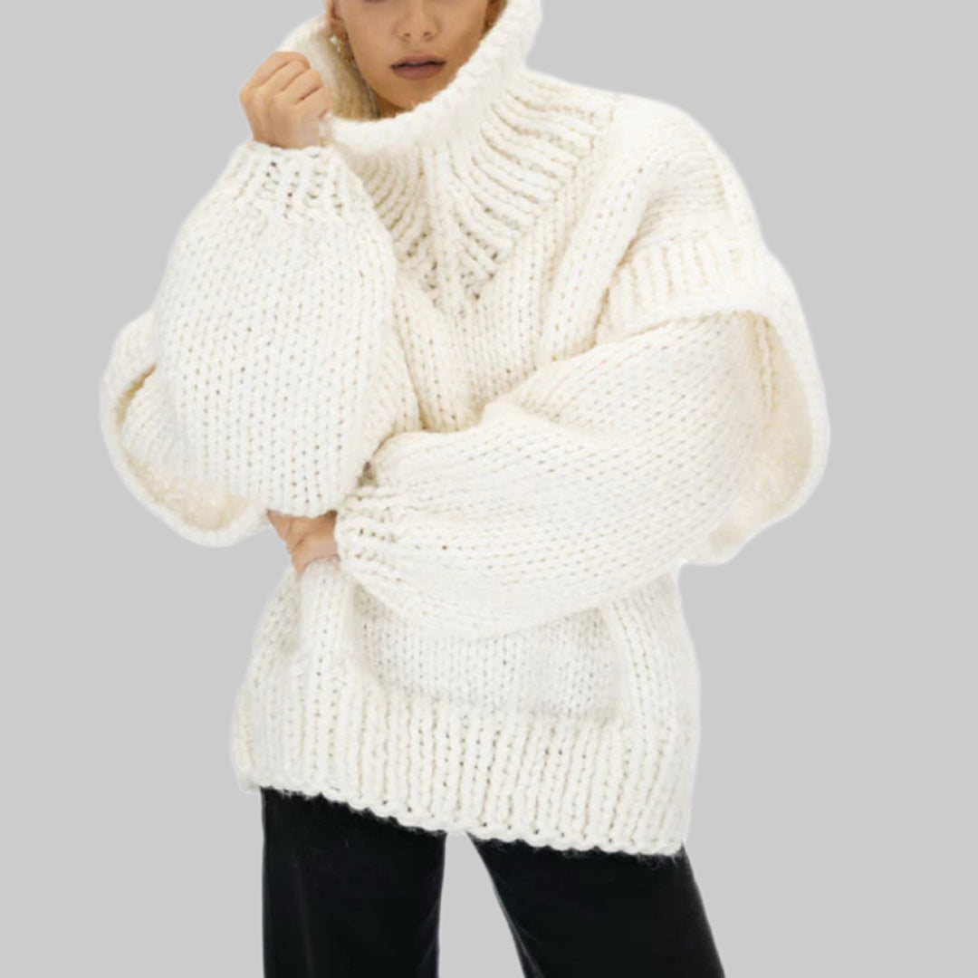 Damen Lockerer Strickpullover mit voluminösen Ärmeln und hohem Kragen Heidi-Mode